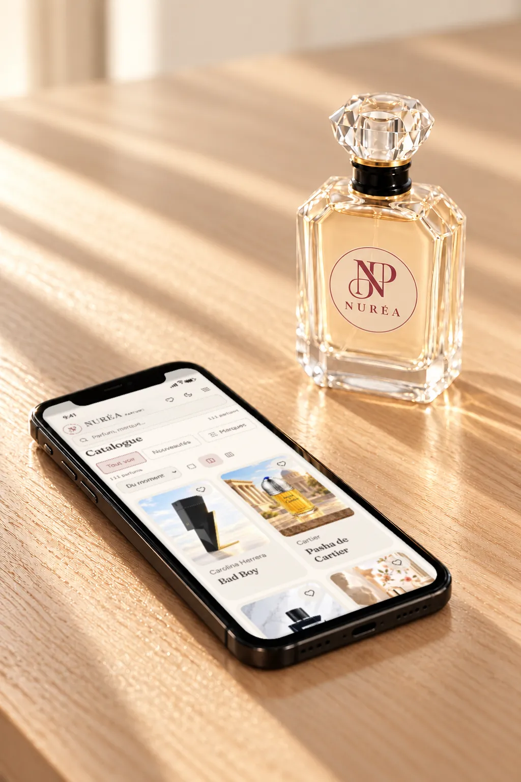 Un téléphone posé sur une table affiche le catalogue Nuréa, un flacon Nuréa à côté.