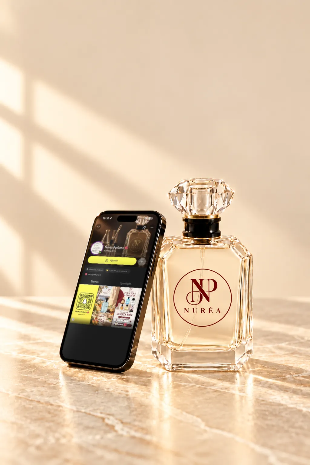 Un téléphone appuyé contre un flacon Nuréa affiche le profil Snapchat de Nuréa Parfums.