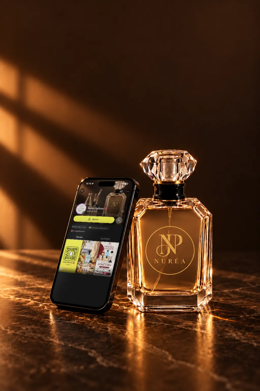 Un téléphone appuyé contre un flacon Nuréa affiche le profil Snapchat de Nuréa Parfums.